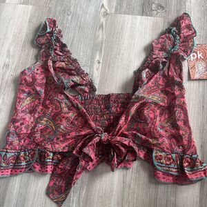 NWT India Boutique Tie Front Paisley Boho Crop Top Ruffle Sleeve Size Medium
